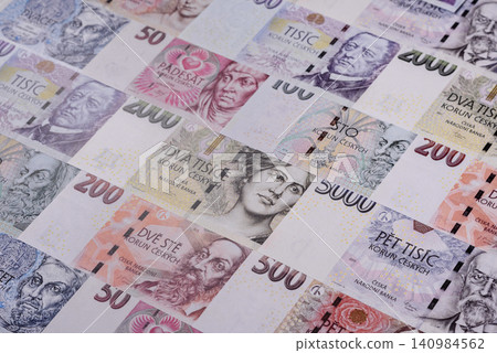 Czech paper money, koruna or crown, in various denominations for financial exchange. Czech koruna Czech paper money, koruna or crown, in various denominations for financial exchange. Czech koruna 140984562