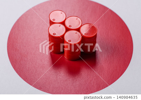 Metal barrels containing oil, gas, or chemicals, with a prohibition sign. Oil barrels Metal barrels containing oil, gas, or chemicals, with a prohibition sign. Oil barrels 140984635