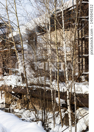 bare birch grove in melting snow at courtyard bare birch grove in melting snow at courtyard 140984832