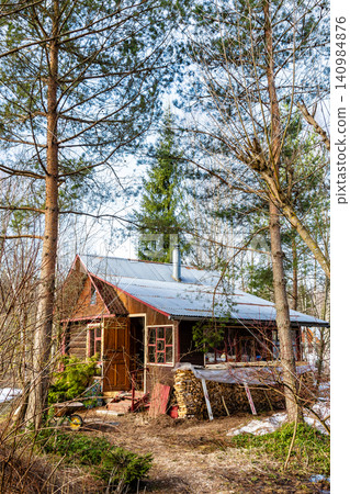 wooden log cabin in pine grove in forest in spring wooden log cabin in pine grove in forest in spring 140984876