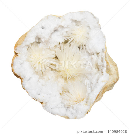 scolecite spray crystals in quartz geode isolated scolecite spray crystals in quartz geode isolated 140984928