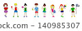 A set of hand-drawn style illustrations of children enjoying summer. 140985307