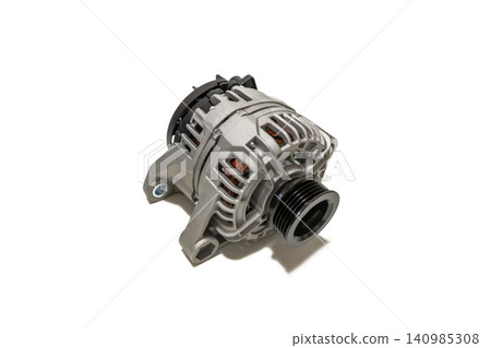 Brand new car alternator on a white background. Perfect for automotive repair, spare parts catalogs, mechanics, and car maintenance concepts. Brand new car alternator on a white background. Perfect for automotive repair, spare parts catalogs, mechanics, and car maintenance concepts. 140985308