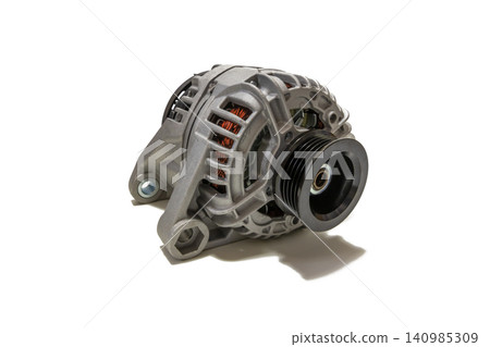 Front view of a car alternator isolated on white background. Automotive electrical charging system component for vehicle repair, maintenance, replacement, and engineering concepts. Front view of a car alternator isolated on white background. Automotive electrical charging system component for vehicle repair, maintenance, replacement, and engineering concepts. 140985309