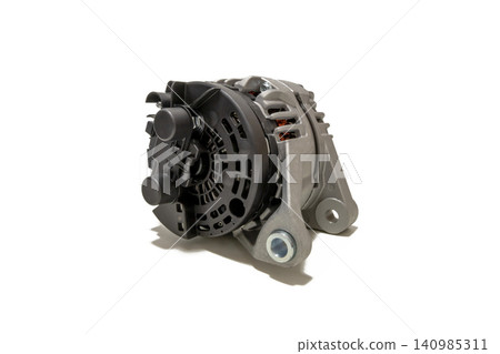 Rear view of a car alternator isolated on white. Automotive electrical generator for vehicle repair, maintenance, diagnostics, replacement parts, and auto industry concepts. Rear view of a car alternator isolated on white. Automotive electrical generator for vehicle repair, maintenance, diagnostics, replacement parts, and auto industry concepts. 140985311