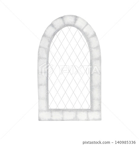 Antique window with lattice, executed in a vintage style. Hand-drawn watercolor painting on a white background. For illustrations related to history and architecture. Antique window with lattice, executed in a vintage style. Hand-drawn watercolor painting on a white background. For illustrations related to history and architecture. 140985336
