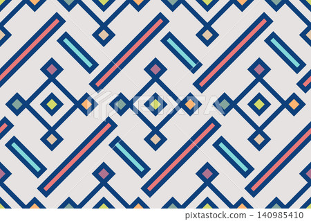 A seamless vector pattern featuring blue geometric outlines and colorful pastel accents on a light gray background 140985410