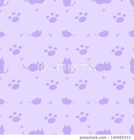Cute Purple Pastel Cat Mouse and Paw Prints Seamless Pattern 140985553
