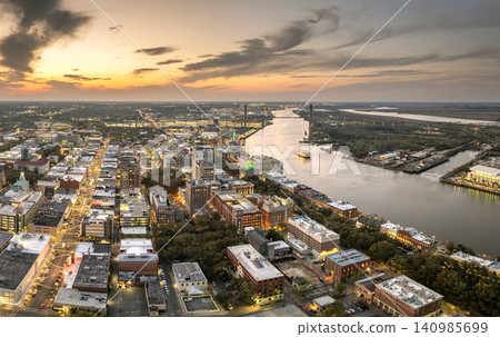 Savannah, Georgia. Waterfront American architecture with illuminated streets and historical buildings 140985699