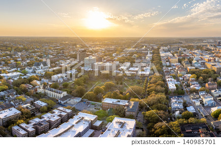 Old historical city Savannah in Georgia. Southern USA cityscape at sunset Old historical city Savannah in Georgia. Southern USA cityscape at sunset 140985701