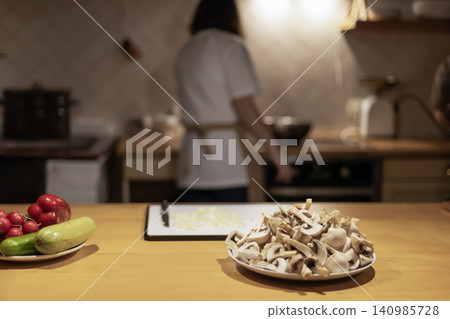 Fresh Vegetables and Sliced Mushrooms for Home Cooking Preparati 140985728