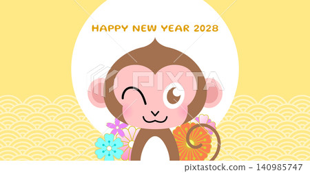 Chinese Zodiac monkey mascot with flowers background Chinese Zodiac monkey mascot with flowers background 140985747
