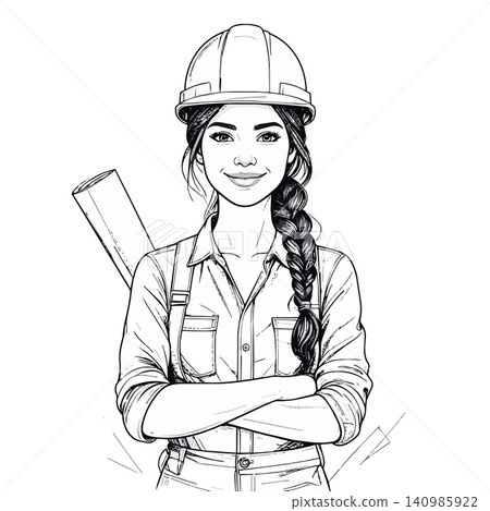 Woman engineer wearing hard hat holding blueprint 140985922
