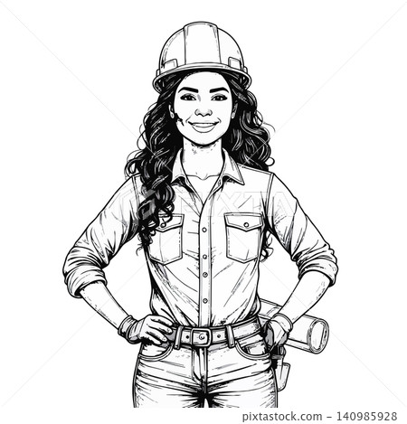 Smiling woman construction worker holding blueprint plan Smiling woman construction worker holding blueprint plan 140985928