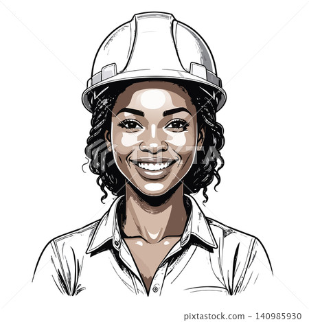 Smiling black woman construction engineer wearing hard hat Smiling black woman construction engineer wearing hard hat 140985930