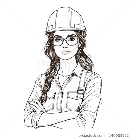 Woman engineer with hard hat and glasses crossing arms Woman engineer with hard hat and glasses crossing arms 140985932