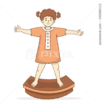 Autism Sensory Integration Therapy Girl. ASD Balance Rocker Board Exercise. Children Special Education Active Play. Colored Line Art. Vector Illustration Isolated on White Background. Autism Sensory Integration Therapy Girl. ASD Balance Rocker Board Exercise. Children Special Education Active Play. Colored Line Art. Vector Illustration Isolated on White Background. 140986112