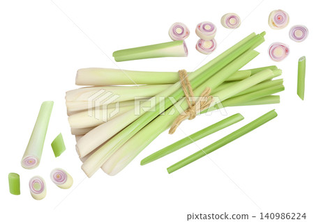 Fresh Lemongrass isolated on white background with full depth of field, Top view. Flat lay Fresh Lemongrass isolated on white background with full depth of field, Top view. Flat lay 140986224