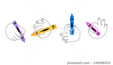 Hands with colorful crayons doodles collection for back to school, preschool education and 140986450