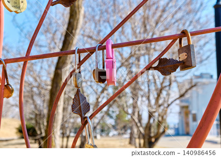 Colorful love locks attached to metal tree sculpture in romantic tradition Colorful love locks attached to metal tree sculpture in romantic tradition 140986456
