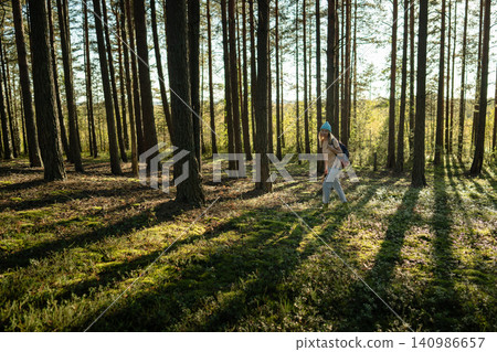 Middle aged calm woman hiking, walking in autumn pine forest, collecting wild fungi in wicker basket Middle aged calm woman hiking, walking in autumn pine forest, collecting wild fungi in wicker basket 140986657