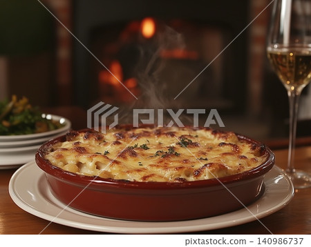Cozy dining experience with bubbling macaroni and cheese by the fireplace Cozy dining experience with bubbling macaroni and cheese by the fireplace 140986737