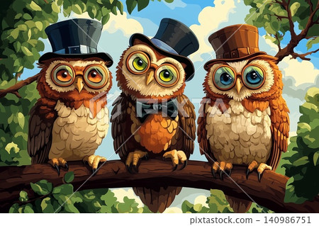 Visualization of the phrase parliament of owls with dressed owls on a branch Visualization of the phrase parliament of owls with dressed owls on a branch 140986751