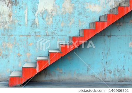 Bold red stairs create a striking contrast against cool blue wall, abstract architecture Bold red stairs create a striking contrast against cool blue wall, abstract architecture 140986801