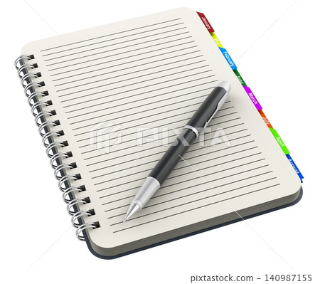 Planner notebook with monthly tabs and pen. 3D rendering Planner notebook with monthly tabs and pen. 3D rendering 140987155