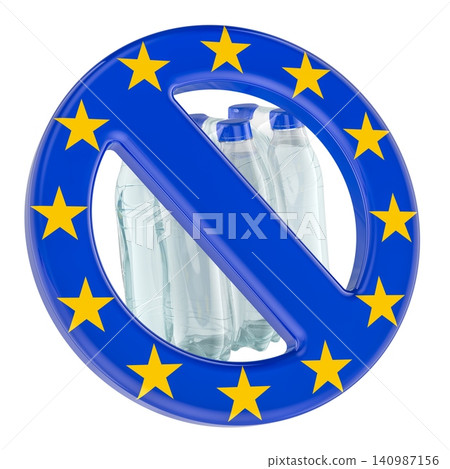 Plastic bottle multipack behind EU style prohibition sign, representing ban on packaging waste regulation and sustainable beverage packaging, 3d rendering 140987156