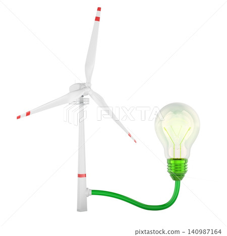 Wind turbine connected to glowing light bulb by green cable, renewable electricity, clean power and sustainable energy concept, 3d rendering Wind turbine connected to glowing light bulb by green cable, renewable electricity, clean power and sustainable energy concept, 3d rendering 140987164