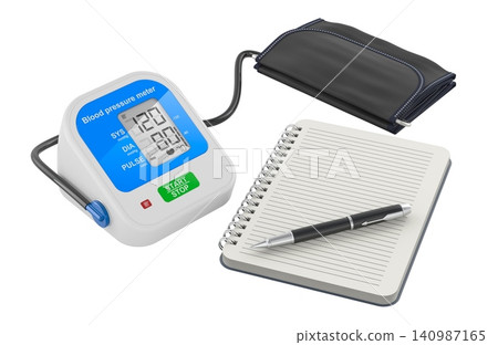 Blood pressure monitor with cuff, notebook and pen, home health tracking, hypertension monitoring and patient record concept, 3d rendering Blood pressure monitor with cuff, notebook and pen, home health tracking, hypertension monitoring and patient record concept, 3d rendering 140987165