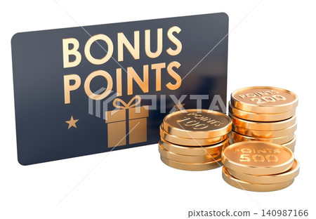 Bonus points card with gold reward coins. 3D rendering 140987166