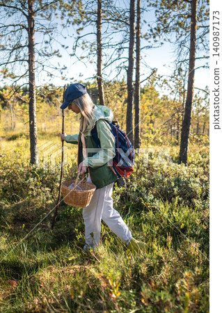 Focused relaxed woman forager with basket making way through wetlands helping herself with stick Focused relaxed woman forager with basket making way through wetlands helping herself with stick 140987173