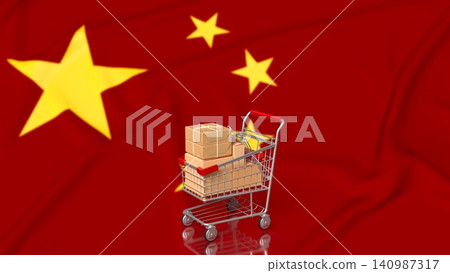 Shopping Cart Packages Over China Flag For Global E commerce 3d render. Shopping Cart Packages Over China Flag For Global E commerce 3d render. 140987317