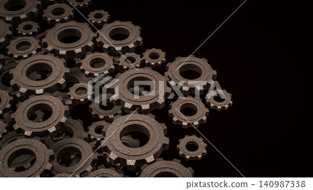 Industrial Metal Gears In Endless Mechanical Motion 3d render. 140987338