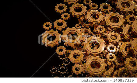 Industrial Metal Gears In Endless Mechanical Motion 3d render. Industrial Metal Gears In Endless Mechanical Motion 3d render. 140987339