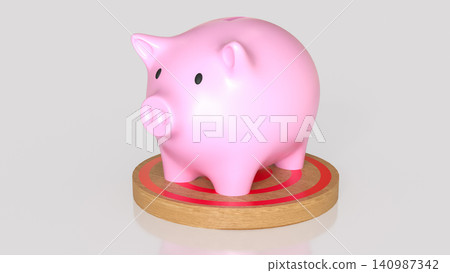 Pink Piggy Bank On Wooden Savings Platform 3d render. Pink Piggy Bank On Wooden Savings Platform 3d render. 140987342
