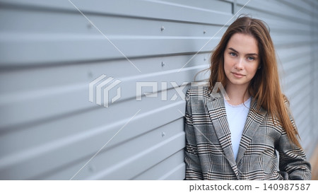 Portrait of a confident businesswoman posing against a modern gray metal wall, showcasing a blend of urban style and professional presence Portrait of a confident businesswoman posing against a modern gray metal wall, showcasing a blend of urban style and professional presence 140987587