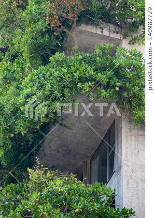 Building with lush plants vertical garden growing outside apartments at balconies in Vietnam. Building with lush plants vertical garden growing outside apartments at balconies in Vietnam. 140987729