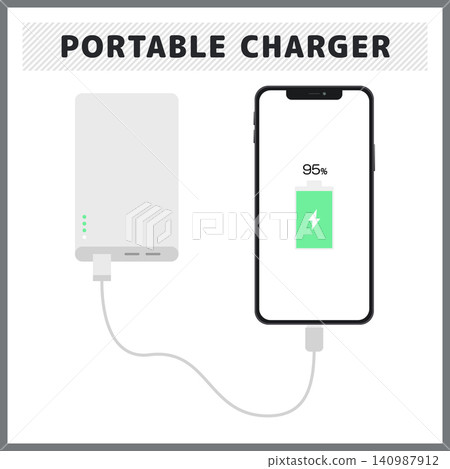A pop-style vector background illustration showing a smartphone being charged from a mobile battery and reaching 95% battery level. A pop-style vector background illustration showing a smartphone being charged from a mobile battery and reaching 95% battery level. 140987912