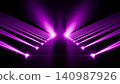 Symmetrical magenta stage lights converging toward central vanishing point above reflective stepped pathway with deep black background and dramatic high contrast atmosphere 140987926