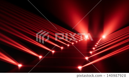 Abstract red stage lighting beams forming diagonal lines, converging toward illuminated central pathway with vivid glow, strong contrast, deep shadow, cinematic atmosphere, modern dynamic Abstract red stage lighting beams forming diagonal lines, converging toward illuminated central pathway with vivid glow, strong contrast, deep shadow, cinematic atmosphere, modern dynamic 140987928