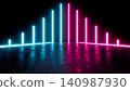 Neon corner installation with ascending cyan and magenta light bars reflecting across glossy wet floor in dark interior, creating symmetrical modern glow and vibrant contrast 140987930
