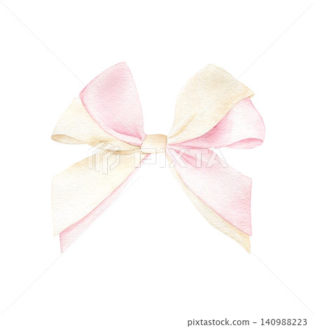 Delicate ribbon bow in soft pastel pink and cream colors watercolor isolated illustration. Hand drawn clipart for wedding invitations, baby shower designs, greeting cards and romantic gift decorations Delicate ribbon bow in soft pastel pink and cream colors watercolor isolated illustration. Hand drawn clipart for wedding invitations, baby shower designs, greeting cards and romantic gift decorations 140988223