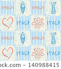 Amalfi style blue and terracotta seamless pattern with hearts, ice cream, flowers and vases. Vintage square background. Retro stylized Italian majolica. Mediterranean mosaic amalficore cover 140988415