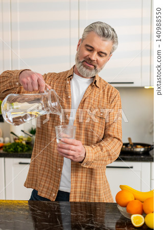 Middle-aged man drinking water in kitchen for healthy diet hydration weight loss lifestyle at home Middle-aged man drinking water in kitchen for healthy diet hydration weight loss lifestyle at home 140988550