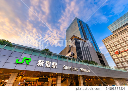 Tokyo, Shinjuku cityscape, evening view of Shinjuku Station South Exit 140988884