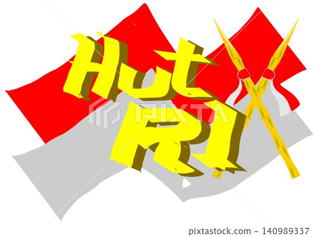 Yellow 3D HUT RI text with Indonesian flag and crossed bamboo spears on white background. Yellow 3D HUT RI text with Indonesian flag and crossed bamboo spears on white background. 140989337