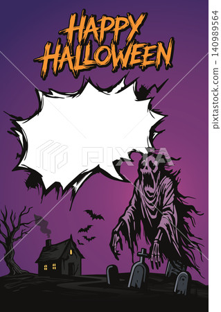 Happy Halloween vertical poster have ghost with blank speech bubble and graveyard on violet sky background 140989564